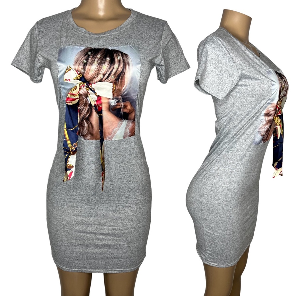 New Gray Bodycom Women Dress 3D Design Casual Stretchy Mini Summer Dress Size S